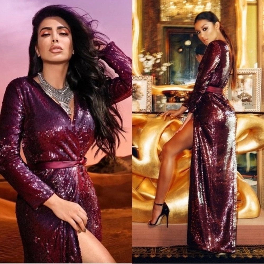 NWT House of CB Carpisa Sequin Maxi V Neck Wrap Dress Burgundy Wine Small
